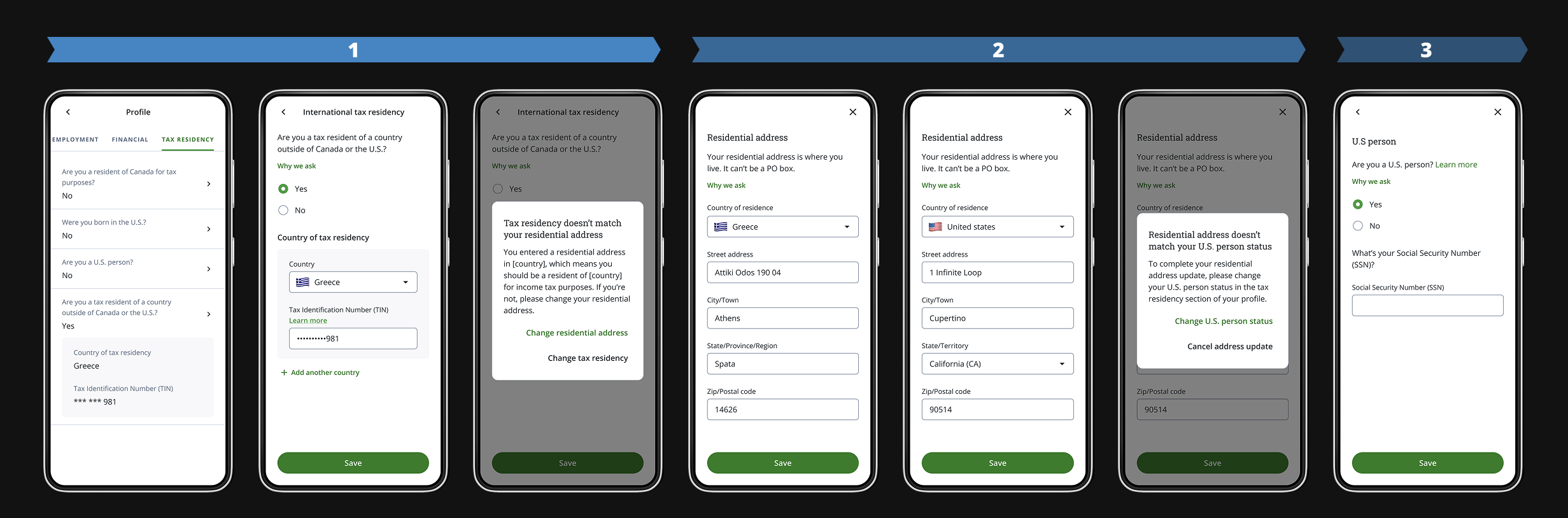 Three levels of navigation for Residential Address and Tax Residency flow