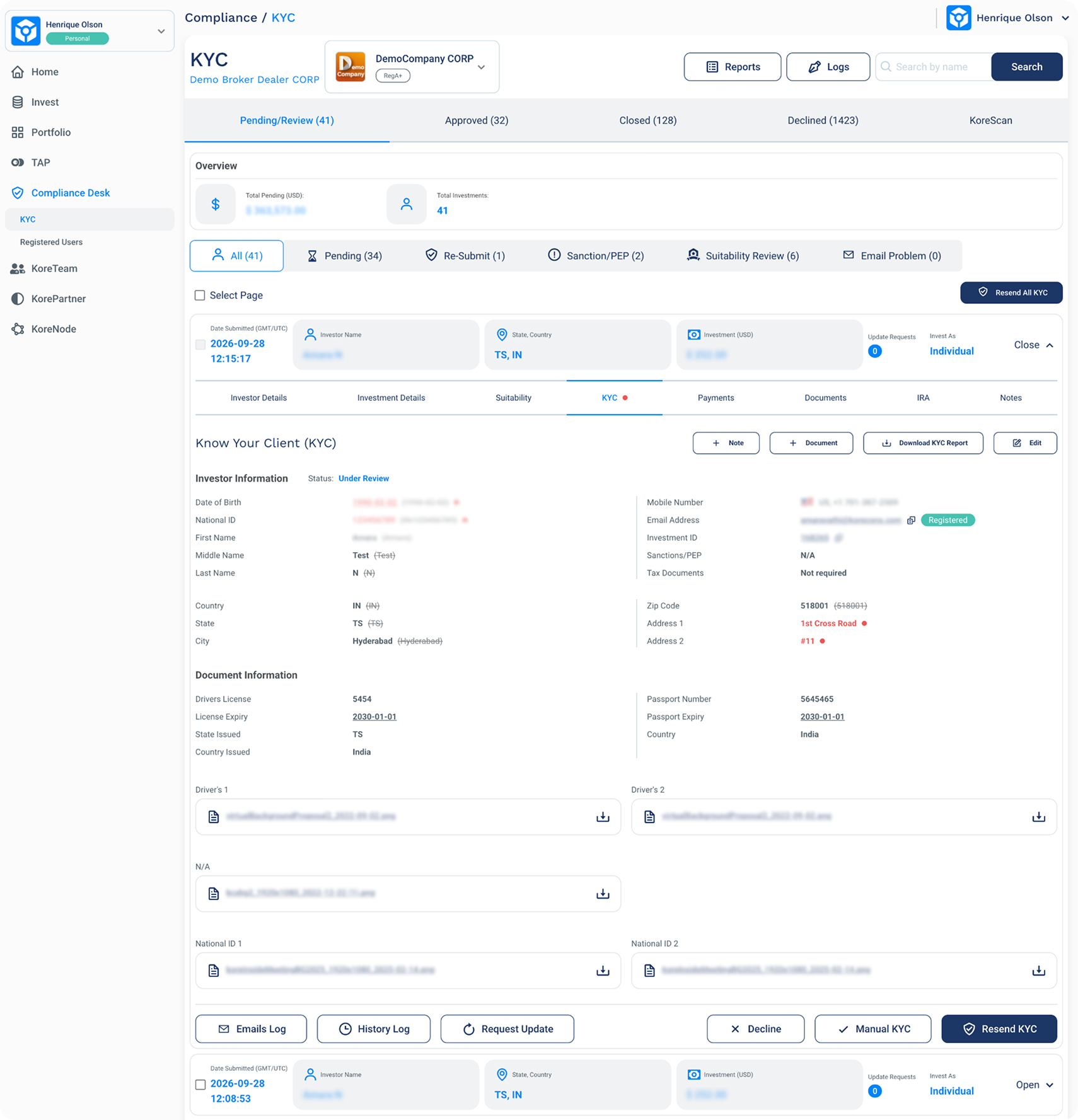 KYC compliance screen with dense status tabs, investor details, controls, and documents.